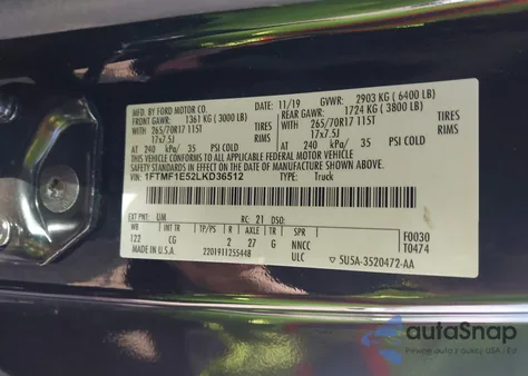 2020 Ford F-150 Xl из США, поврежденный, VIN 1FTMF1E52LKD36512